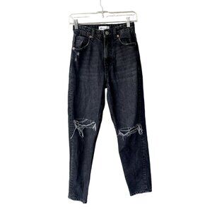 Zara Women's High-Waisted Black Wash Size 2 Ankle Straight‎ Ripped Mom Jean